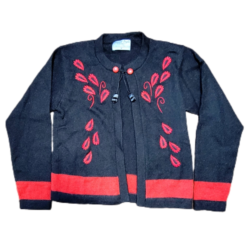 Artesanias Alpaca Style Wool Sweater Open Cardigan Red Black Embroidered Sz M